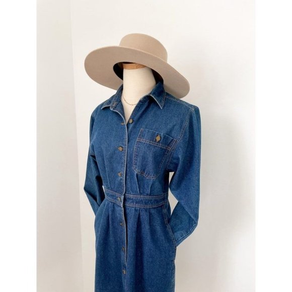 Vintage Jerell Denim Button Front MIDI Dress 70s Style Jumpsuit - Picture 2 of 10